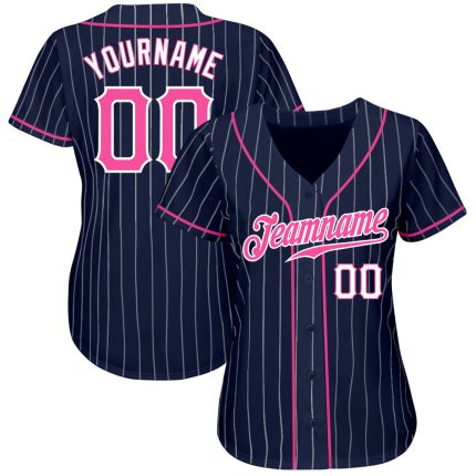 Personalized Custom Name Number Baseball Jersey Pink White Navy Pinstripe Authentic Personalized Navy White Pinstripe Pink-White