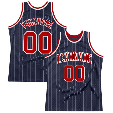 Custom Personalized Basketball Jersey with Navy White Pinstripe and Red Name Number Personalized Navy White Pinstripe Red