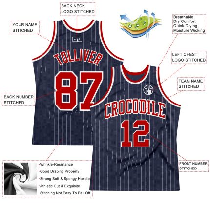 Custom Personalized Basketball Jersey with Navy White Pinstripe and Red Name Number Personalized Navy White Pinstripe Red