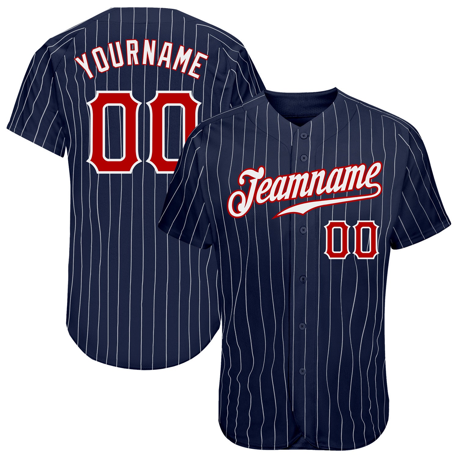 Customizable Red White Navy Pinstripe Baseball Jersey with Name and Number - Authentic Team Apparel Personalized Navy White