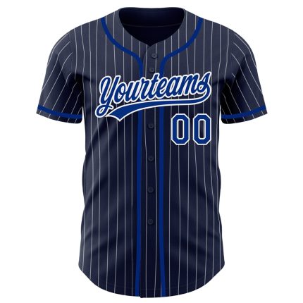 Custom Team Name Number Navy White Pinstripe Authentic Baseball Jersey Personalized Navy White Pinstripe Royal Authentic