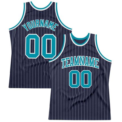 Custom Teal White Navy Pinstripe Basketball Jersey - Personalized Team Name & Number Authentic Personalized Navy White Pinstripe