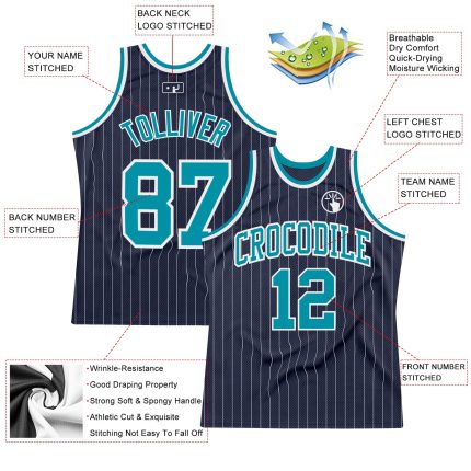 Custom Teal White Navy Pinstripe Basketball Jersey - Personalized Team Name & Number Authentic Personalized Navy White Pinstripe