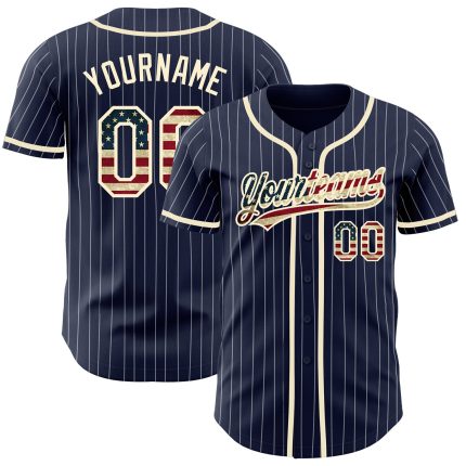Personalized Vintage USA Flag Baseball Jersey - Navy White Pinstripe Cream Personalized Navy White Pinstripe Vintage USA