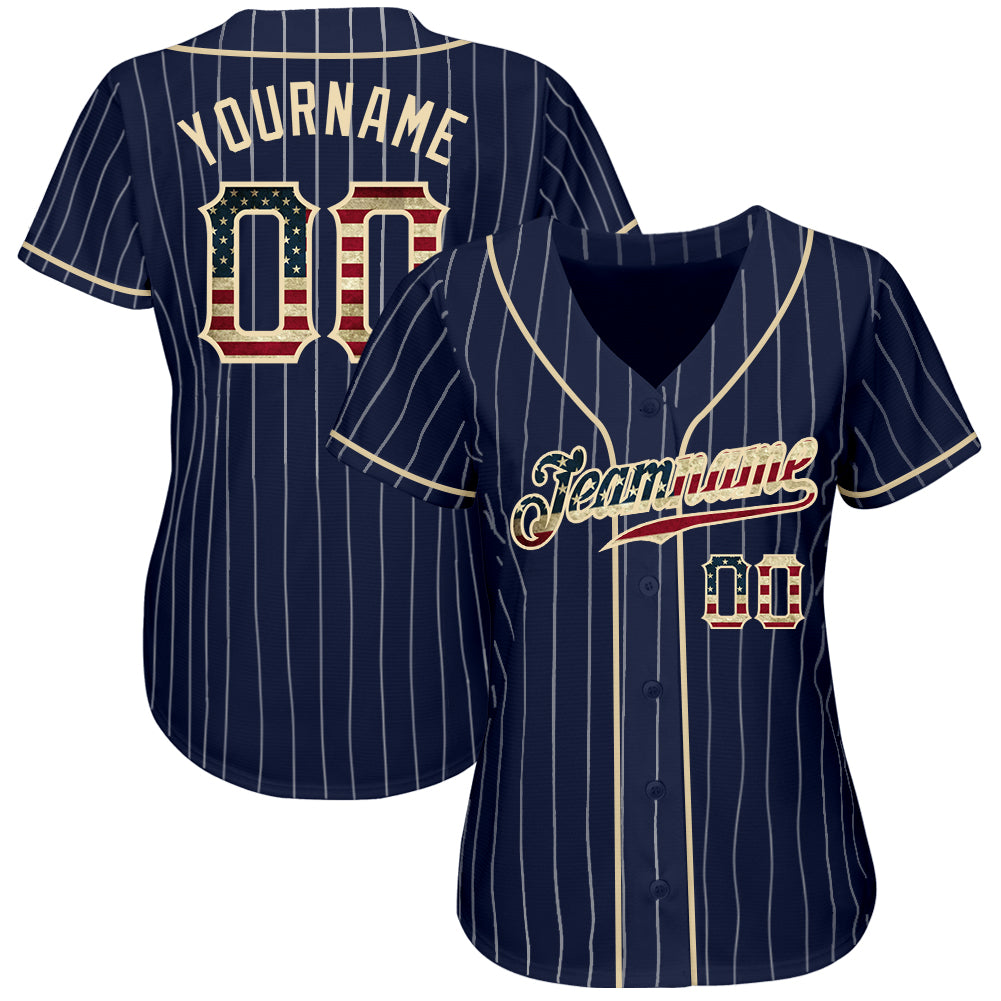 Personalized Navy White Pinstripe Vintage USA Flag-Cream Authentic Baseball Jersey Team Custom Name and Number Personalized Vintage USA Flag Baseball Jersey - Custom Name & Number - Navy White Pinstripe Design Personalized Navy White - Image 3