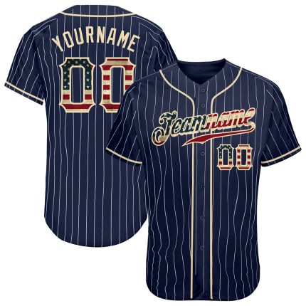 Personalized Vintage USA Flag Baseball Jersey - Custom Name & Number - Navy White Pinstripe Design Personalized Navy White