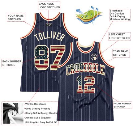 Custom Name Number Vintage USA Flag Basketball Jersey Navy White Pinstripe Cream Red Authentic Team Personalized Navy White