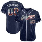 Custom Vintage USA Flag Baseball Jersey - Personalized Navy White Pinstripe with Name and Number Personalized Navy White