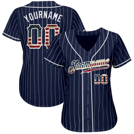 Custom Vintage USA Flag Baseball Jersey - Personalized Navy White Pinstripe with Name and Number Personalized Navy White