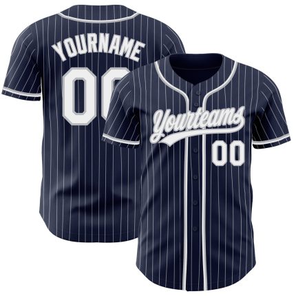 Personalized Navy White Pinstripe Baseball Jersey - Authentic Gray Design Personalized Navy White Pinstripe White-Gray Authentic