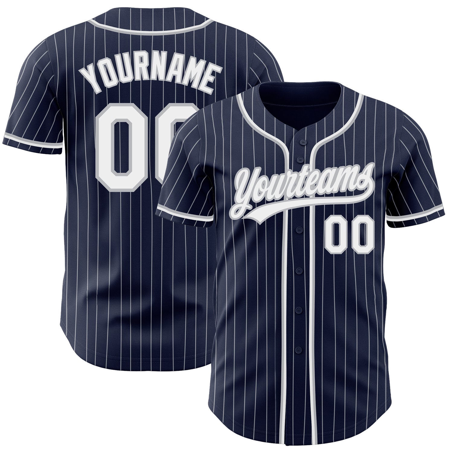 Personalized Navy White Pinstripe Baseball Jersey - Authentic Gray Design Personalized Navy White Pinstripe White-Gray Authentic
