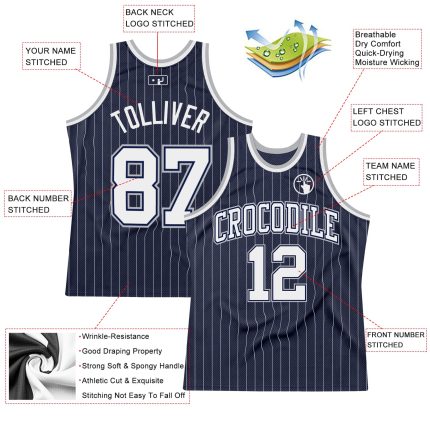 Personalized Authentic Basketball Jersey - Navy White Gray Pinstripe Design Personalized Navy White Pinstripe White-Gray