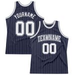 Personalized Authentic Basketball Jersey - Navy White Gray Pinstripe Design Personalized Navy White Pinstripe White-Gray