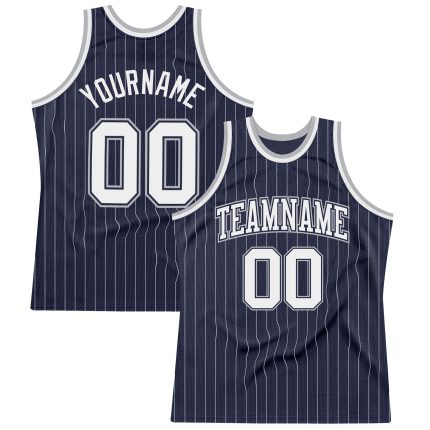 Personalized Authentic Basketball Jersey - Navy White Gray Pinstripe Design Personalized Navy White Pinstripe White-Gray