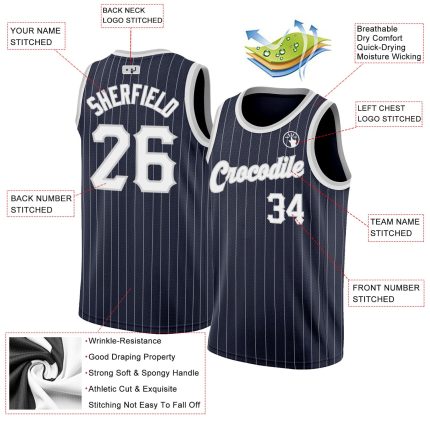 Custom Name & Number Authentic Basketball Jersey - Personalized Navy White Pinstripe in White-Gray Personalized Navy White