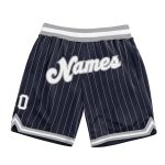 Custom Name and Number Authentic Basketball Shorts - Personalized Navy White Pinstripe Gray Design Personalized Navy White
