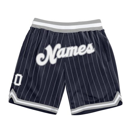 Custom Name and Number Authentic Basketball Shorts - Personalized Navy White Pinstripe Gray Design Personalized Navy White