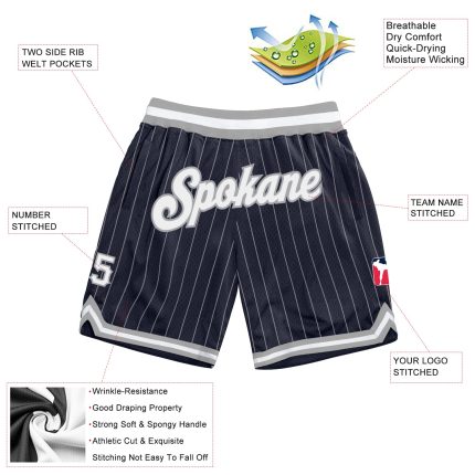 Custom Name and Number Authentic Basketball Shorts - Personalized Navy White Pinstripe Gray Design Personalized Navy White