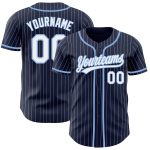 Custom Personalized Authentic Baseball Jersey Navy White Pinstripe with Light Blue Name and Number Personalized Navy White