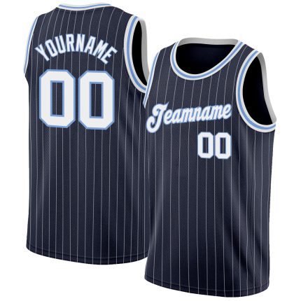 Custom Personalized Authentic Basketball Jersey Navy White Pinstripe with Name & Number in Light Blue Personalized Navy White