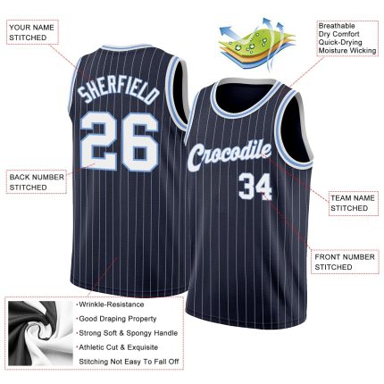 Custom Personalized Authentic Basketball Jersey Navy White Pinstripe with Name & Number in Light Blue Personalized Navy White
