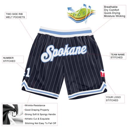 Custom Navy White Pinstripe Basketball Shorts with Name & Number - Authentic Team Apparel Personalized Navy White Pinstripe
