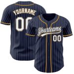 Personalized Authentic Baseball Jersey - Navy White Pinstripe with Old Gold Trim Personalized Navy White Pinstripe White-Old