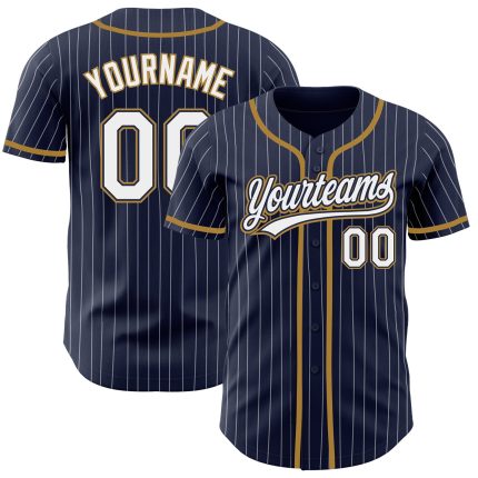 Personalized Authentic Baseball Jersey - Navy White Pinstripe with Old Gold Trim Personalized Navy White Pinstripe White-Old