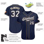 Custom Team Baseball Jersey Navy White Pinstripe with Personalized Name and Number - Authentic Old Gold Design Personalized