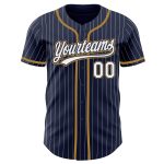 Personalized Authentic Baseball Jersey - Navy White Pinstripe with Old Gold Trim Personalized Navy White Pinstripe White-Old