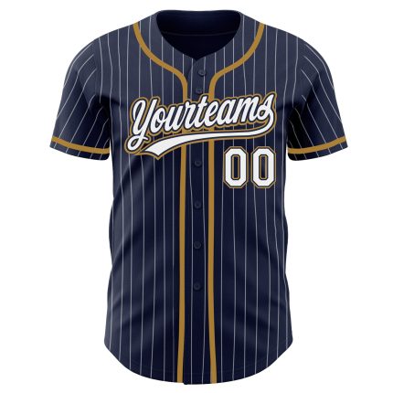 Personalized Authentic Baseball Jersey - Navy White Pinstripe with Old Gold Trim Personalized Navy White Pinstripe White-Old
