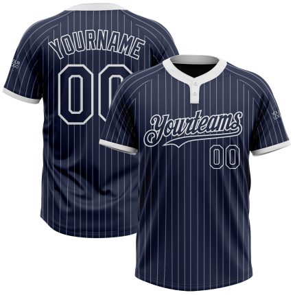 Custom Name and Number Unisex Softball Jersey - Personalized Navy White Pinstripe Two-Button Design Personalized Navy White