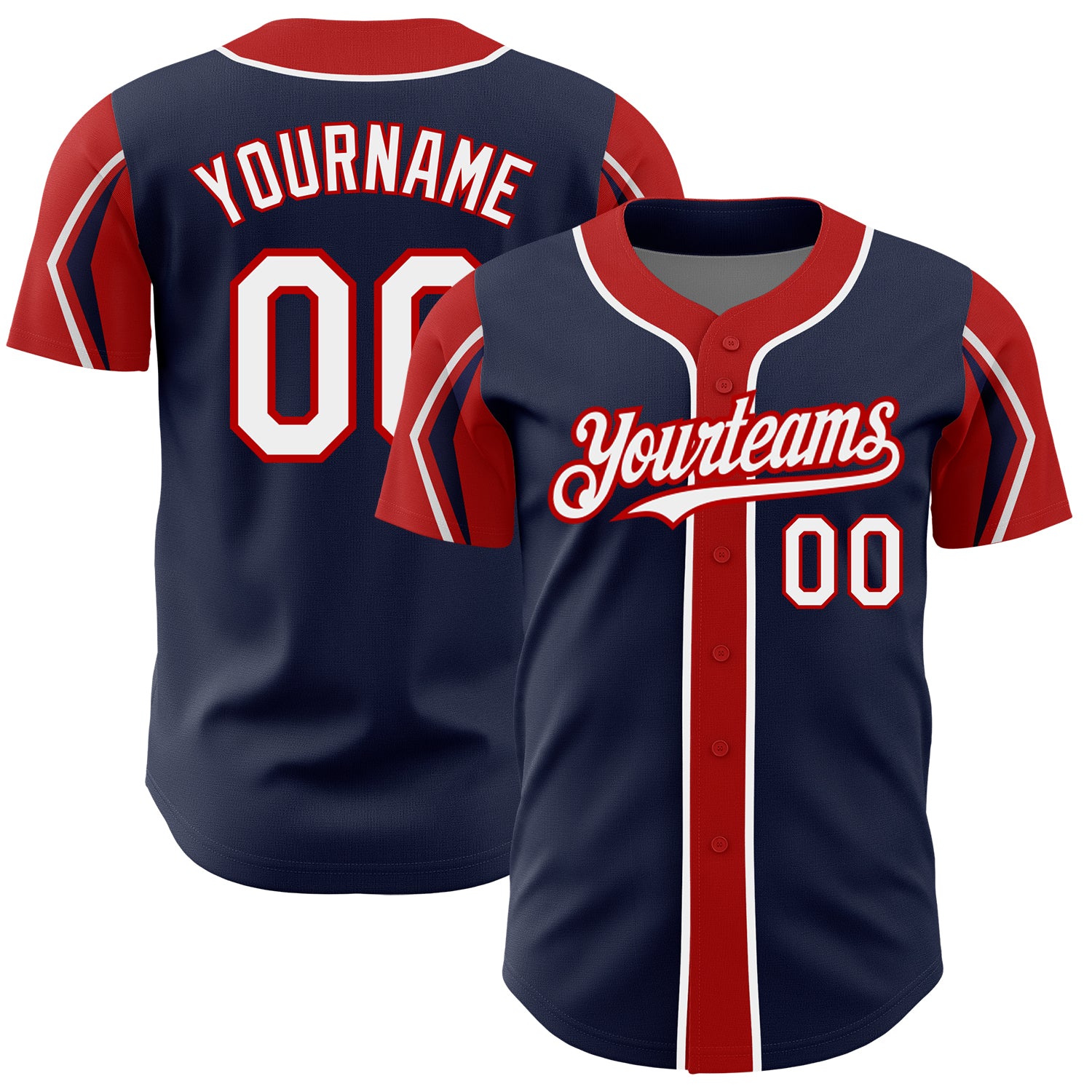 Personalized Baseball Jersey with Custom Name & Number - Navy White Red 3 Colors Arm Shapes Personalized Navy White-Red 3