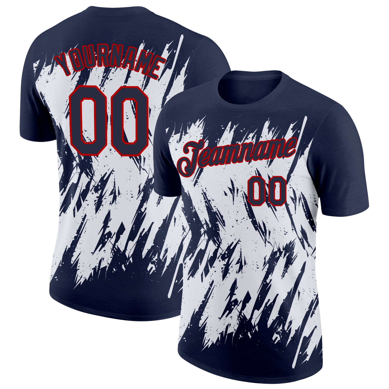 Custom Team Performance T-Shirt with Name & Number, Personalized 3D Navy White-Red Sharp Pattern Design Personalized Navy