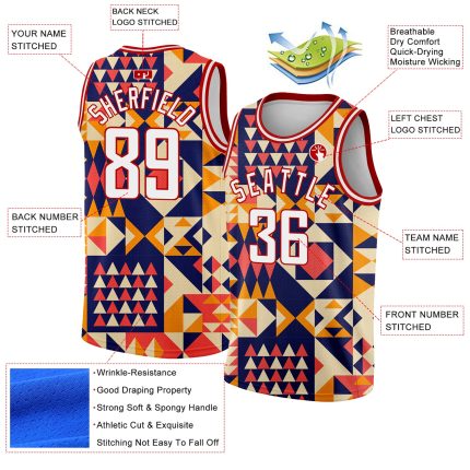 Custom Name and Number Basketball Jersey - Personalized 3D Geometric Shapes in Navy, White, and Red Personalized Navy White-Red