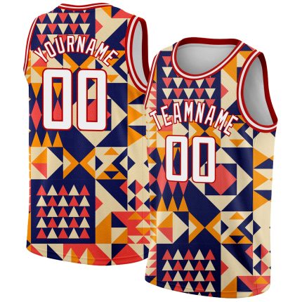 Custom Name and Number Basketball Jersey - Personalized 3D Geometric Shapes in Navy, White, and Red Personalized Navy White-Red