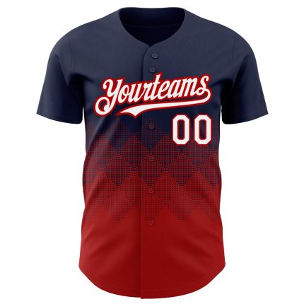 Custom Name and Number Authentic Baseball Jersey with Navy Red 3D Gradient Square Pattern Design Personalized Navy White-Red