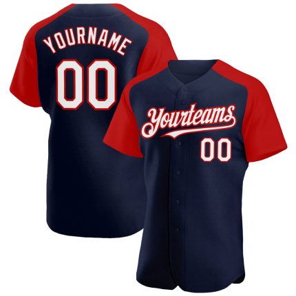 Custom Personalized Baseball Jersey with Navy Red White Raglan Sleeves - Authentic Team Name and Number Personalized Navy