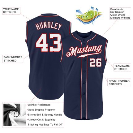 Custom Name and Number Authentic Sleeveless Baseball Jersey - Personalized Navy Red White Team Gear Personalized Navy White-Red