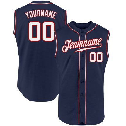 Custom Name and Number Authentic Sleeveless Baseball Jersey - Personalized Navy Red White Team Gear Personalized Navy White-Red
