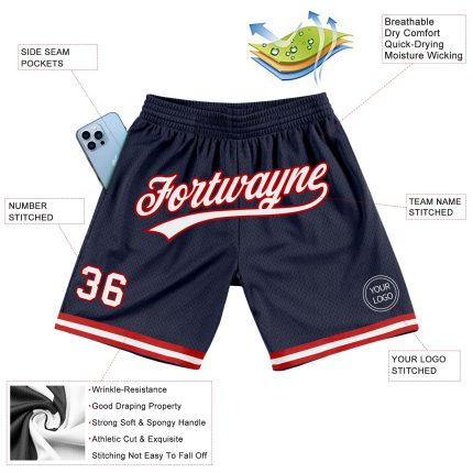 Personalized Authentic Throwback Basketball Shorts Navy White Red Personalized Navy White-Red Authentic Throwback Basketball