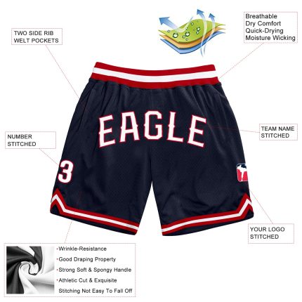 Custom Name and Number Authentic Throwback Basketball Shorts Personalized Navy White-Red Personalized Navy White-Red Authentic