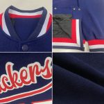 Personalized Navy Blue White Red Bomber Varsity Letterman Jacket Full-Snap Personalized Navy White-Red Bomber Full-Snap Varsity