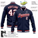 Personalized Navy Blue White Red Bomber Varsity Letterman Jacket Full-Snap Personalized Navy White-Red Bomber Full-Snap Varsity