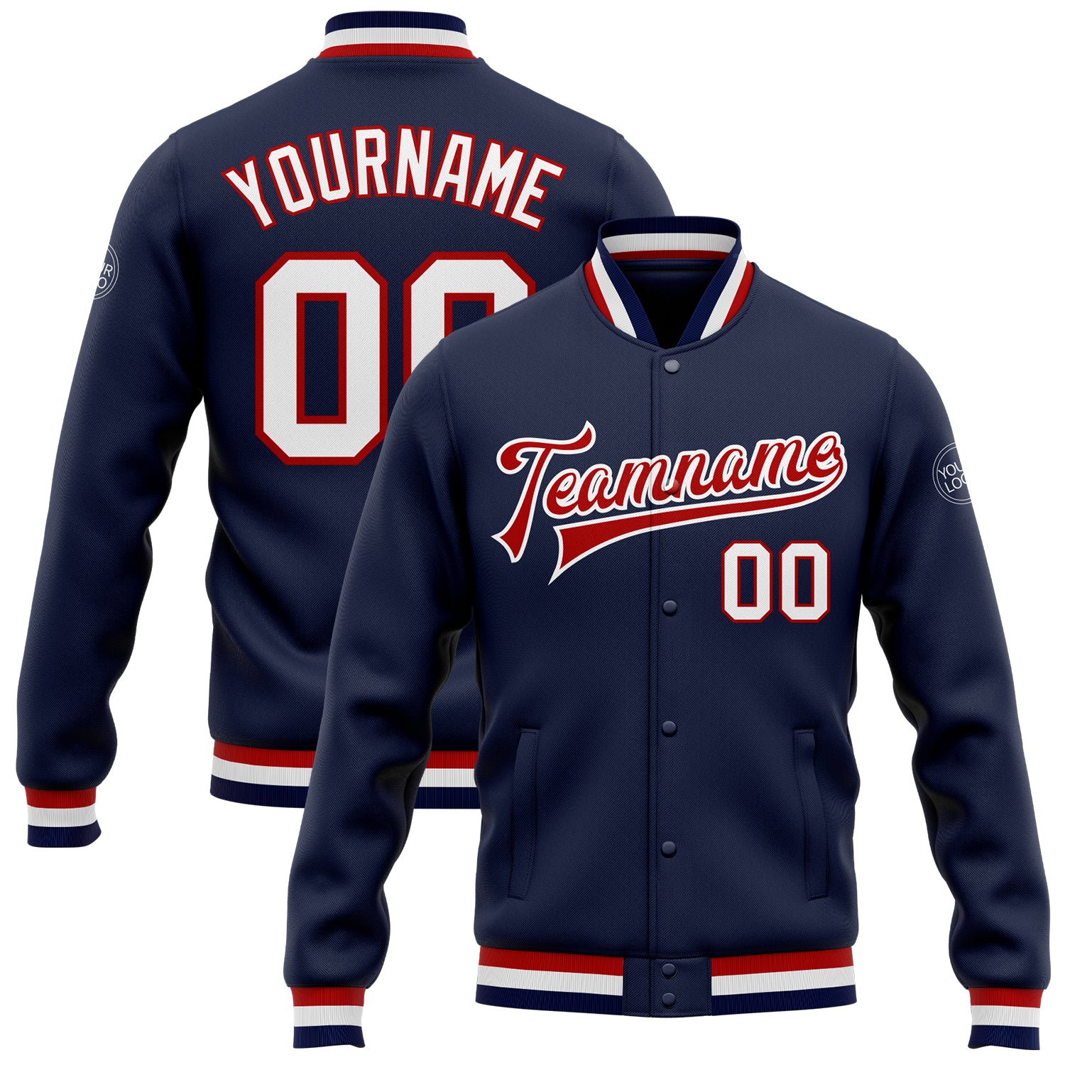 Personalized Navy Blue White Red Bomber Varsity Letterman Jacket Full-Snap Personalized Navy White-Red Bomber Full-Snap Varsity