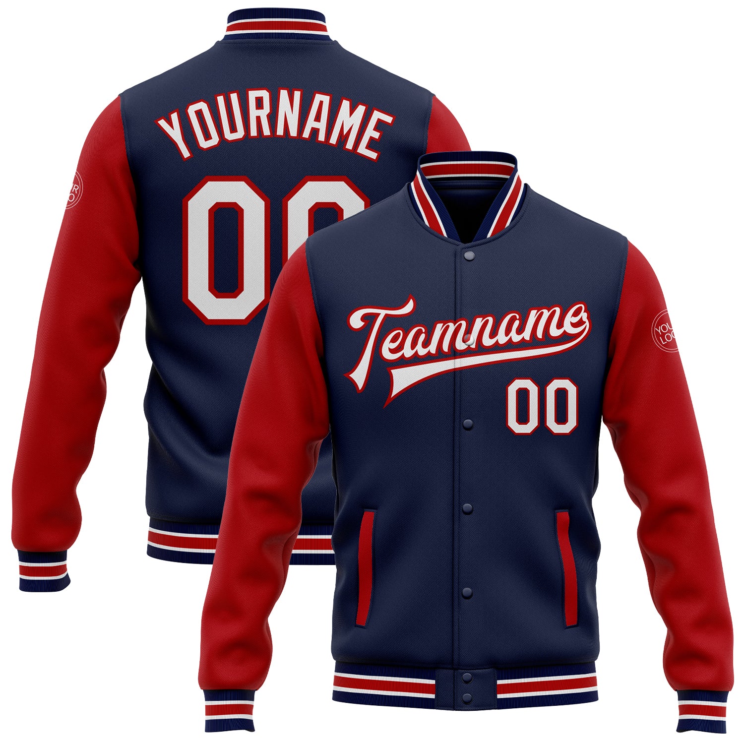Custom Team Name and Number Navy Red White Varsity Bomber Jacket Full-Snap Two Tone Letterman Personalized Navy White-Red