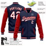 Custom Team Name and Number Navy Red White Varsity Bomber Jacket Full-Snap Two Tone Letterman Personalized Navy White-Red
