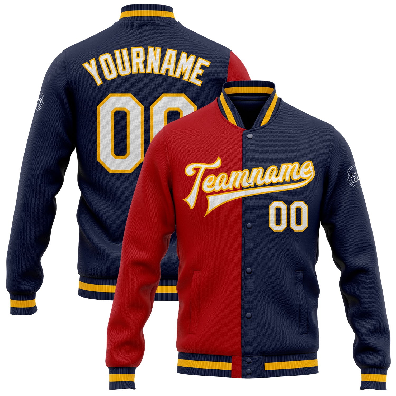Custom Team Name and Number Navy Red Gold Full-Snap Varsity Letterman Bomber Jacket Personalized Navy White Red-Gold Bomber