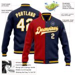 Custom Team Name and Number Navy Red Gold Full-Snap Varsity Letterman Bomber Jacket Personalized Navy White Red-Gold Bomber