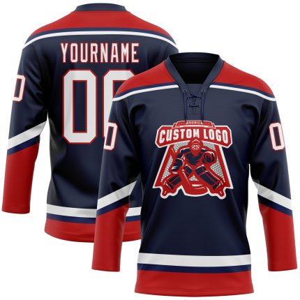 Custom Name and Number Personalized Navy White Red Hockey Jersey, Lace Neck Team Apparel Personalized Navy White-Red Hockey